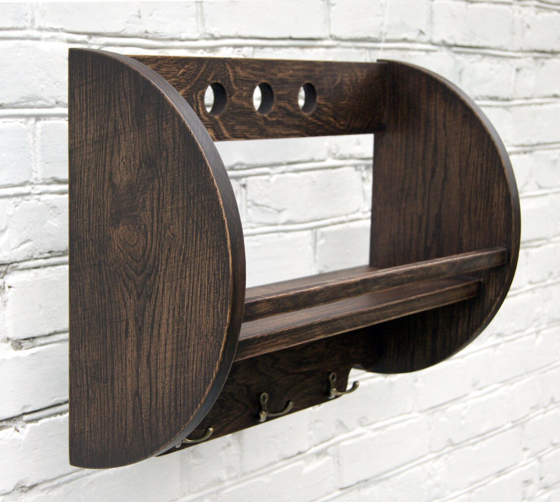 Solid Oak Wood Wall Hanging Shelf With Hooks Hardwood Book Etsy