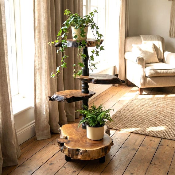 Hoher 4-Tier Live Edge Blumenständer Innen; Wild Olive Planter Display; Holztopflappen; Rustikaler vertikaler Garten; Handgeschnitzte Holz Wohnkultur