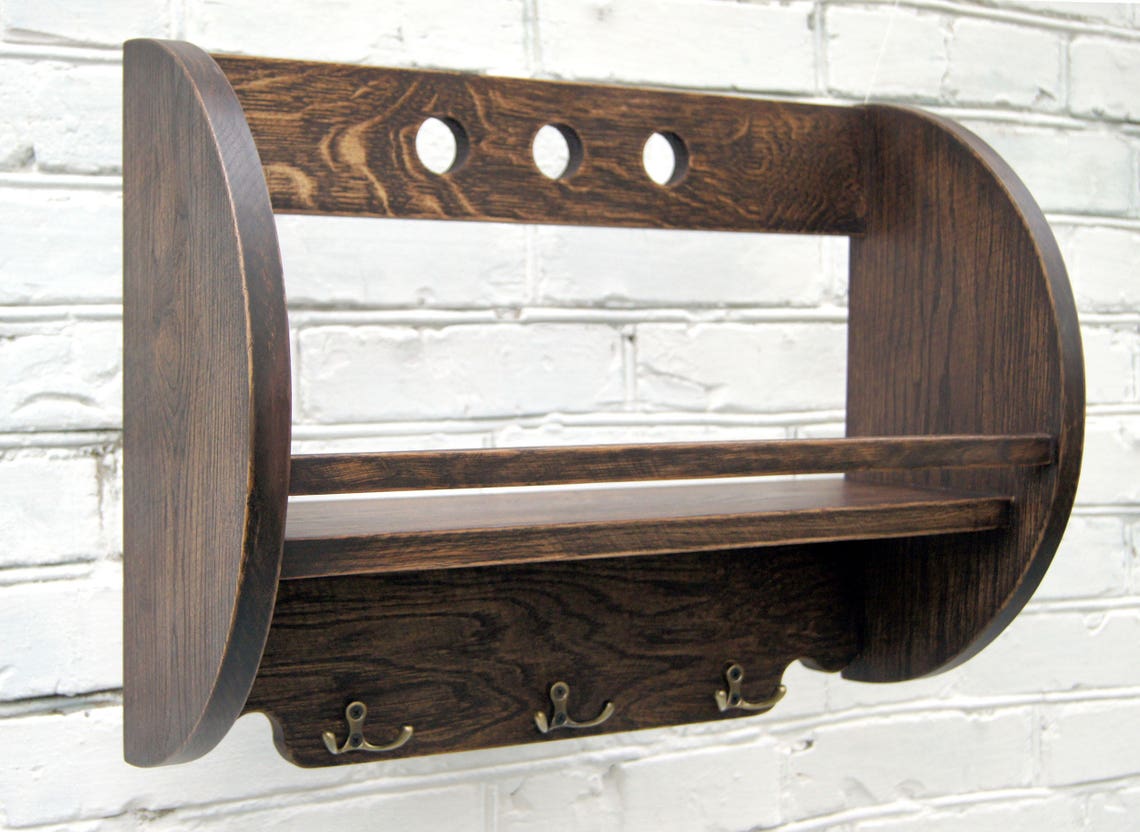 Solid Oak Wood Wall Hanging Shelf With Hooks Hardwood Book Etsy