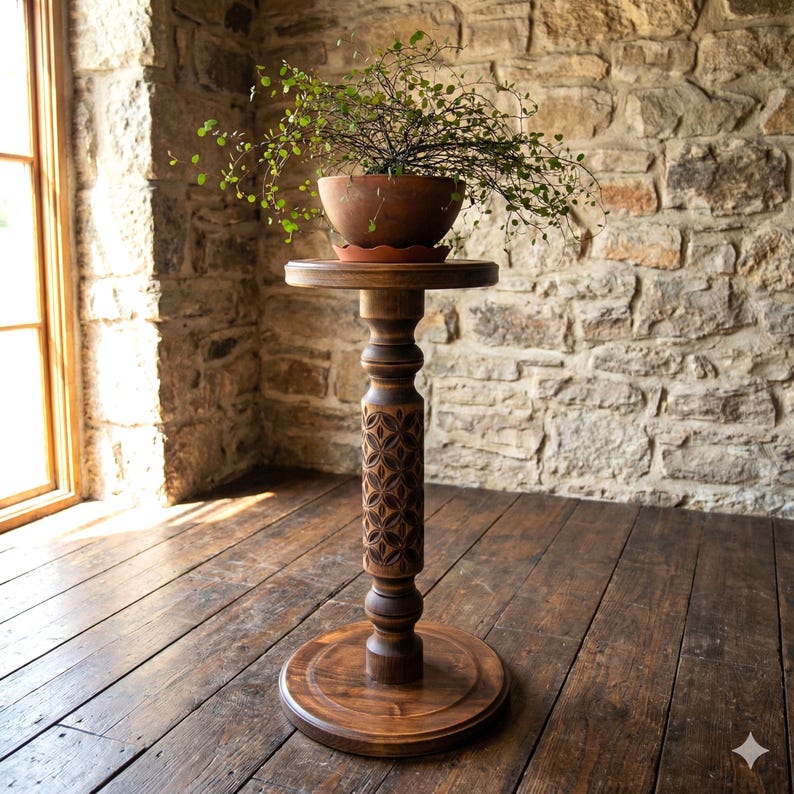 Pair Tall Solid Wood Planter Stands; Set 2 Large Plant Pot Columns; Carved Wooden display; Indoor Pedestal Stand; Modern Rustic Home Decor image 7