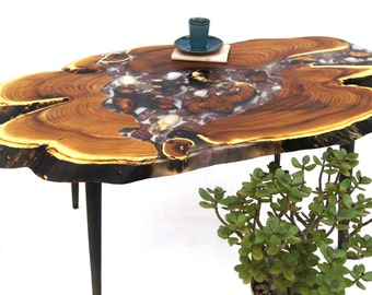 Large live edge wood slab side table epoxy resin sea stones & pebbles Personalized coffee table Tree stump computer desk Wooden dining table