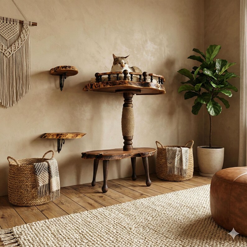 Luxury wild olive wood cat bed tower with sisal scratching post and matching wall steps. A tabby cat rests on the cushion in a premium living room setting with decor. Handcrafted solid wood furniture for large cats.