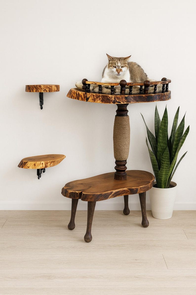 Op de afbeelding: Een kattenmeubelset bestaande uit een houten standaard met meerdere niveaus, een met sisal omwikkelde paal, een bovenplatform met een decoratieve reling en twee losse wandplanken van hout. Een bruin-witte kat rust op het bovenste platform.