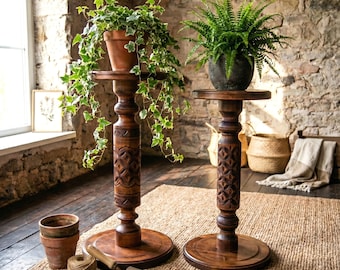 Pair Tall Solid Wood Planter Stands; Set 2 Large Plant Pot Columns; Carved Wooden display; Indoor Pedestal Stand; Modern Rustic Home Decor