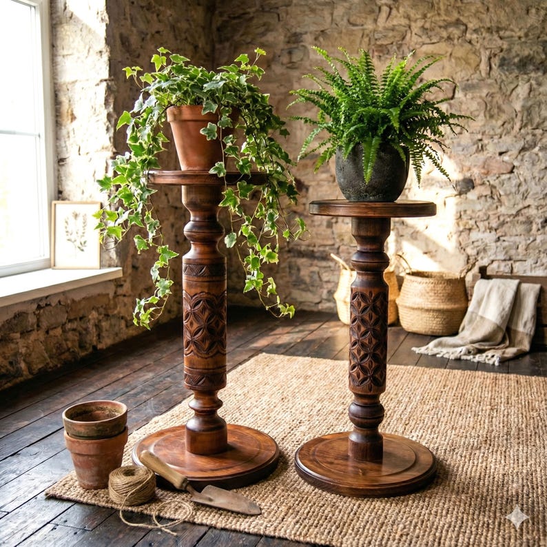 Rustic bohemian wooden pillar stands for indoor plants. A tiered set of two dark, ornately carved display pedestals styled in a sunlit cottagecore setting with stone walls, terracotta pots, and garden decor.
