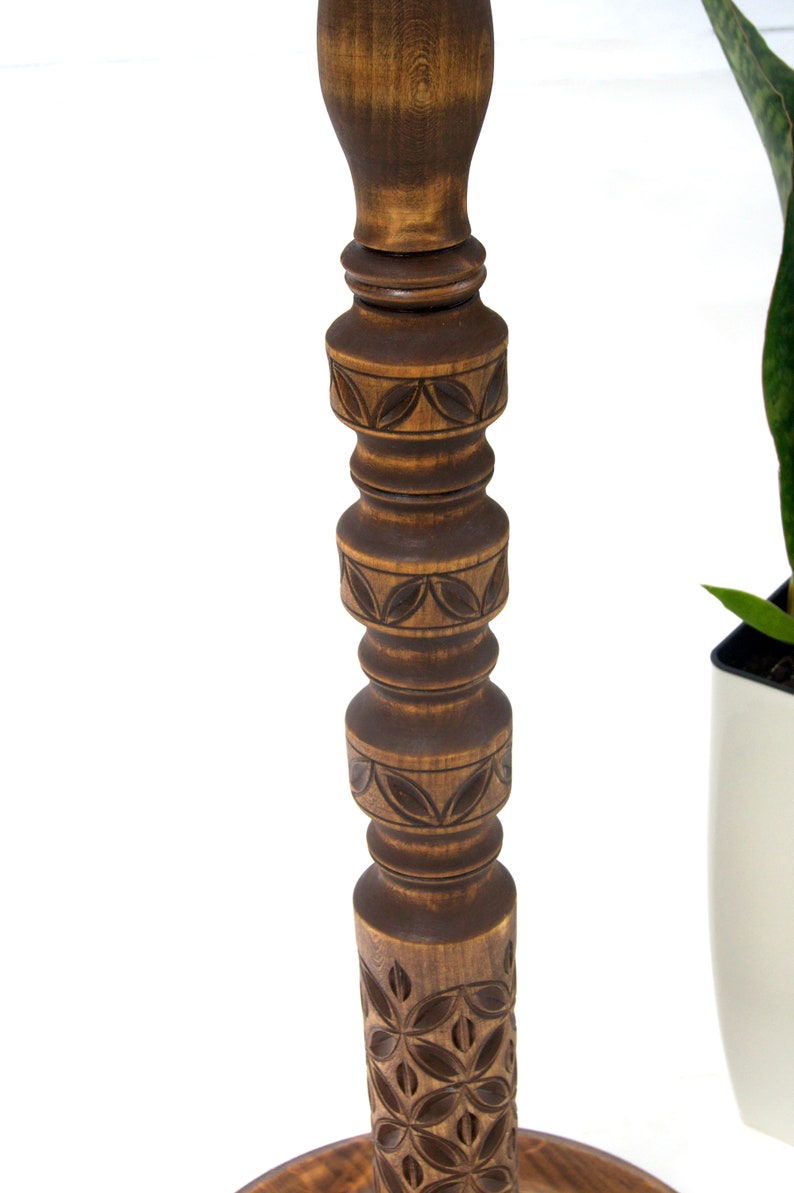 Tall carved wood plant stand indoor Mid century modern flower pot stand Large column planter base Wooden display Hand-carved pedestal table image 14