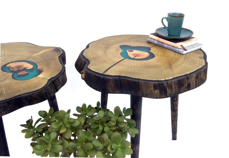 Set Of 2 Side Tables Live Edge Wood Slab Coffee Table Epoxy Etsy