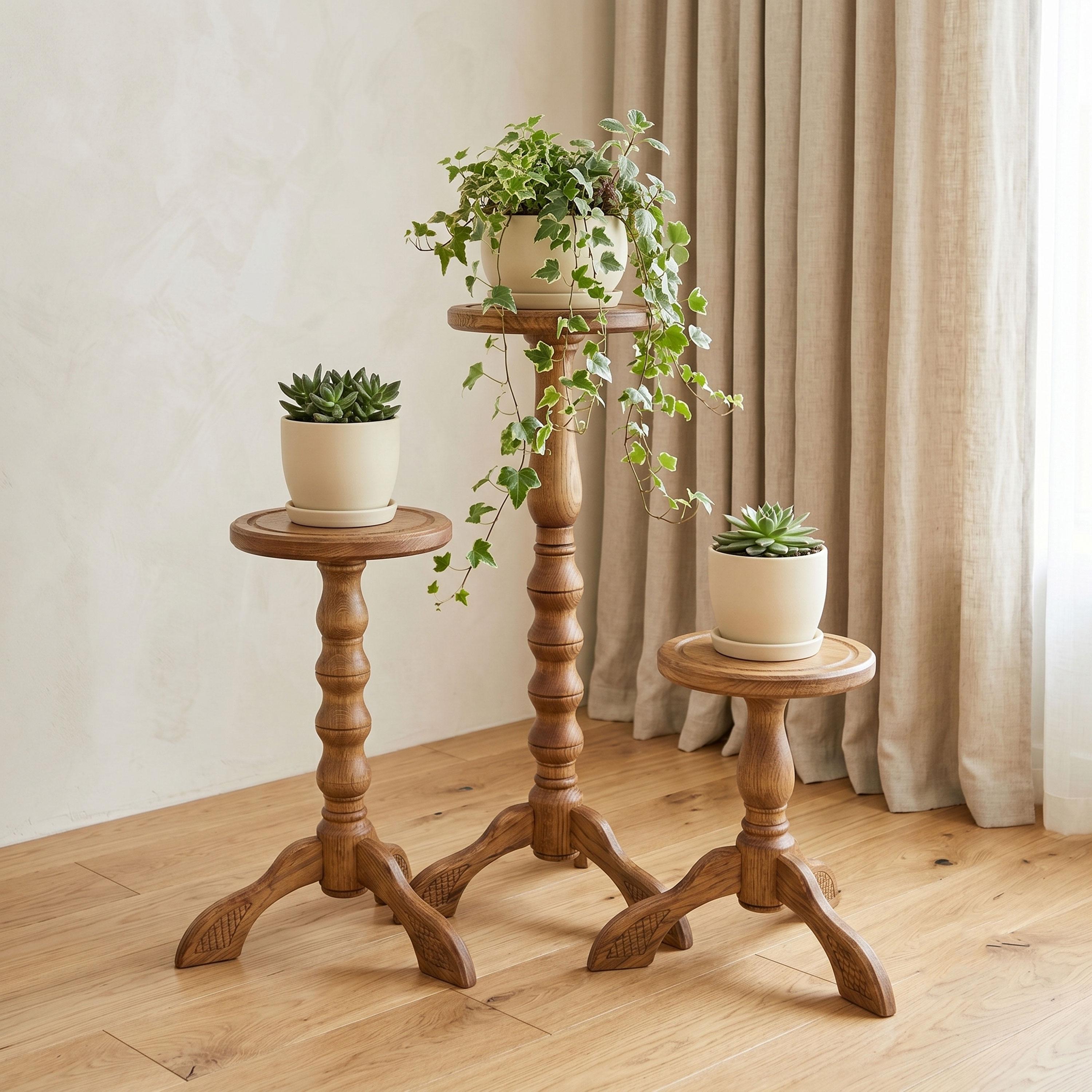 Set 3 Wooden Plant Stands Tall Hardwood Display Stool Pedestal