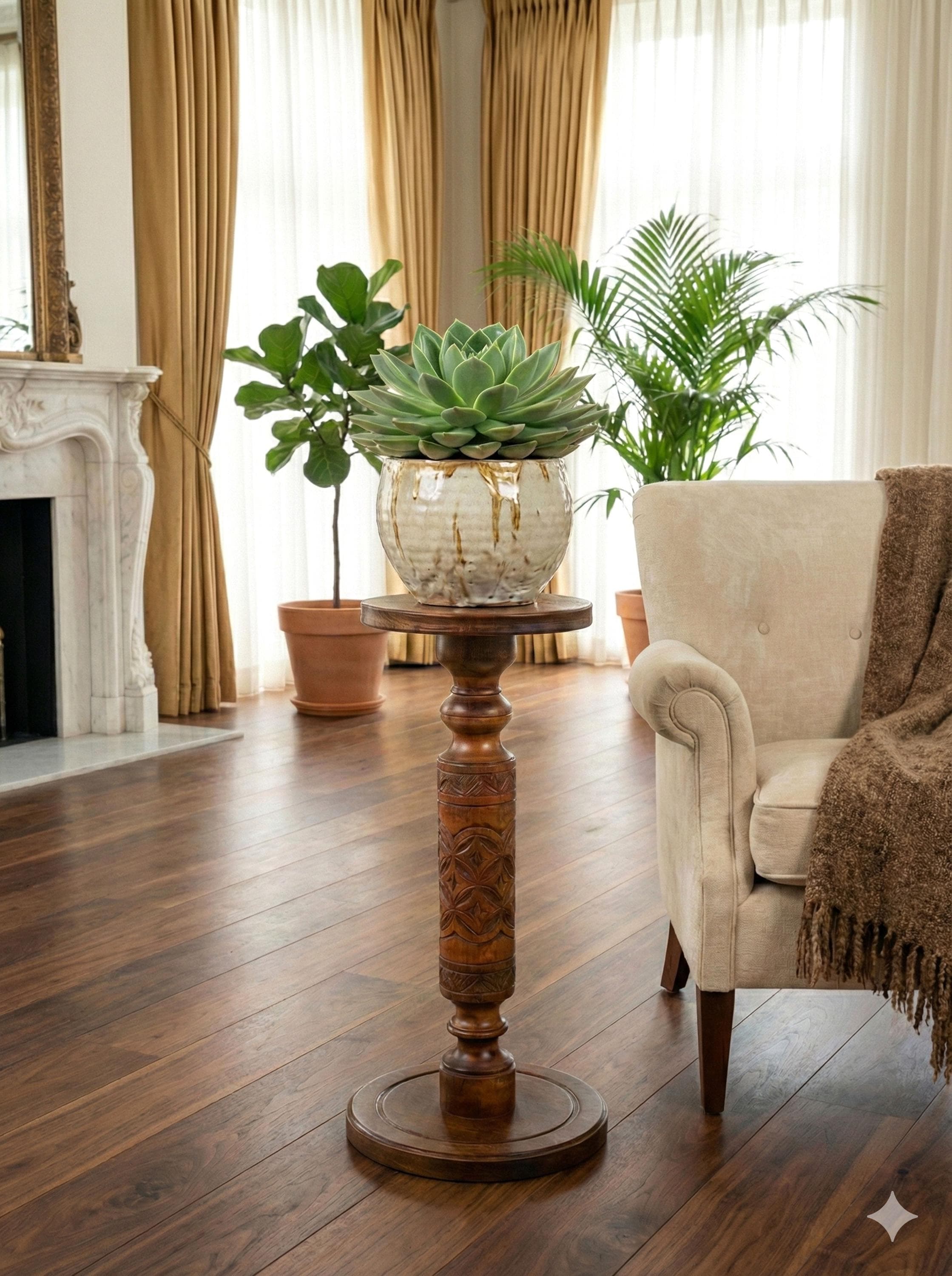 Tall Natural Wood Planter Stand; Wooden Carved Plant Stand; Large