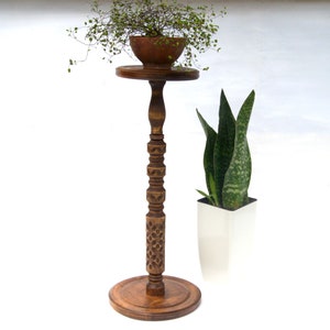 Tall carved wood plant stand indoor Mid century modern flower pot stand Large column planter base Wooden display Hand-carved pedestal table image 11