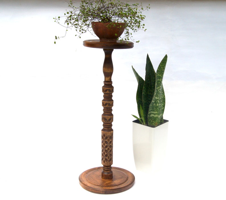 Tall carved wood plant stand indoor Mid century modern flower pot stand Large column planter base Wooden display Hand-carved pedestal table image 11