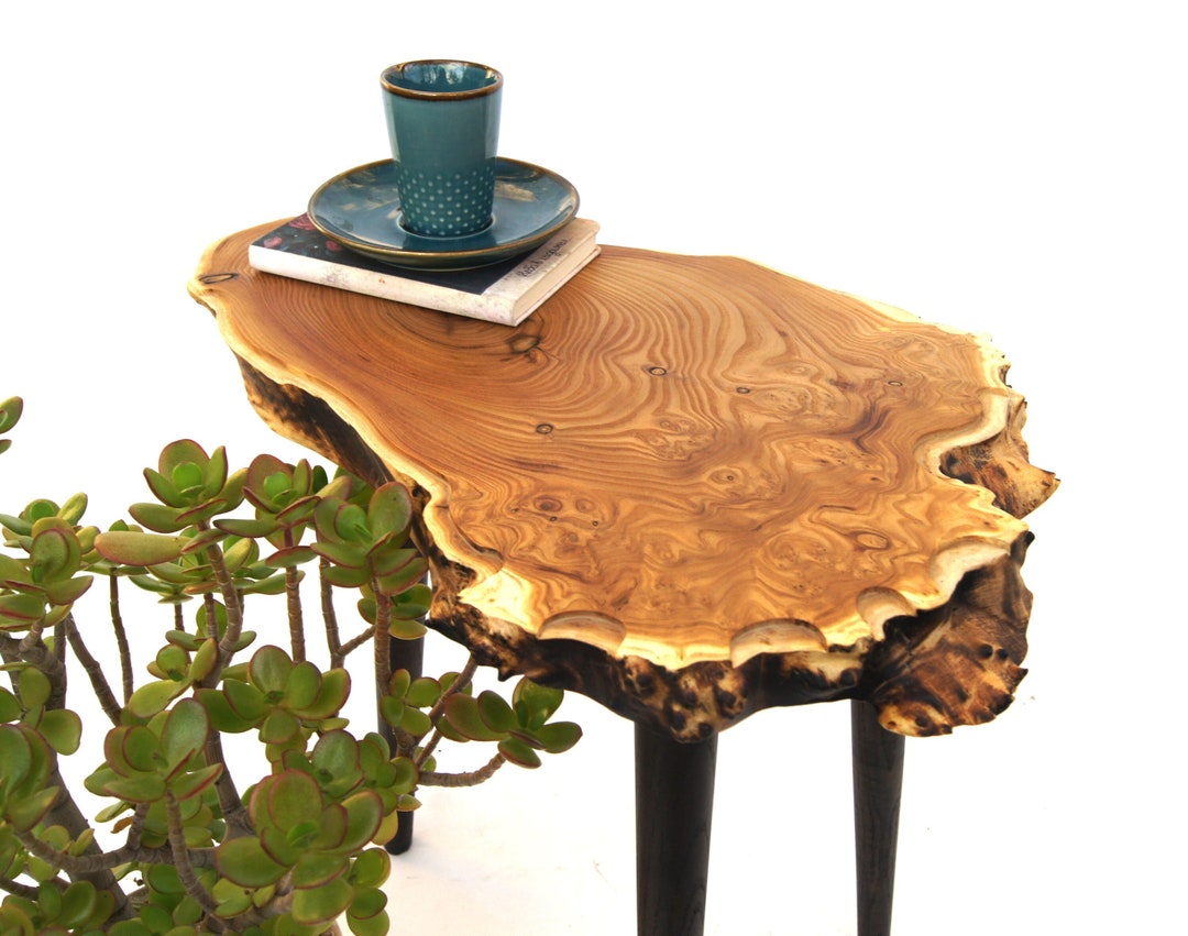 Small Live Edge Wood Slab Side Table Personalized Wild Olive Etsy