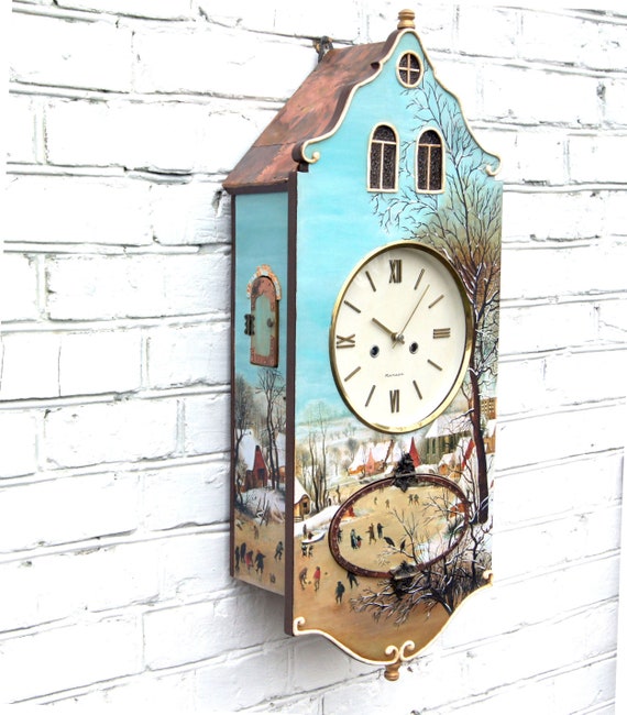 Gran reloj de pared con carillon de pendulo Reloj de repisa sovietico ruso vintage inusual Reloj de repisa de abuelo pintado Reloj de madera de casa de hadas holandesa Etsy Espana