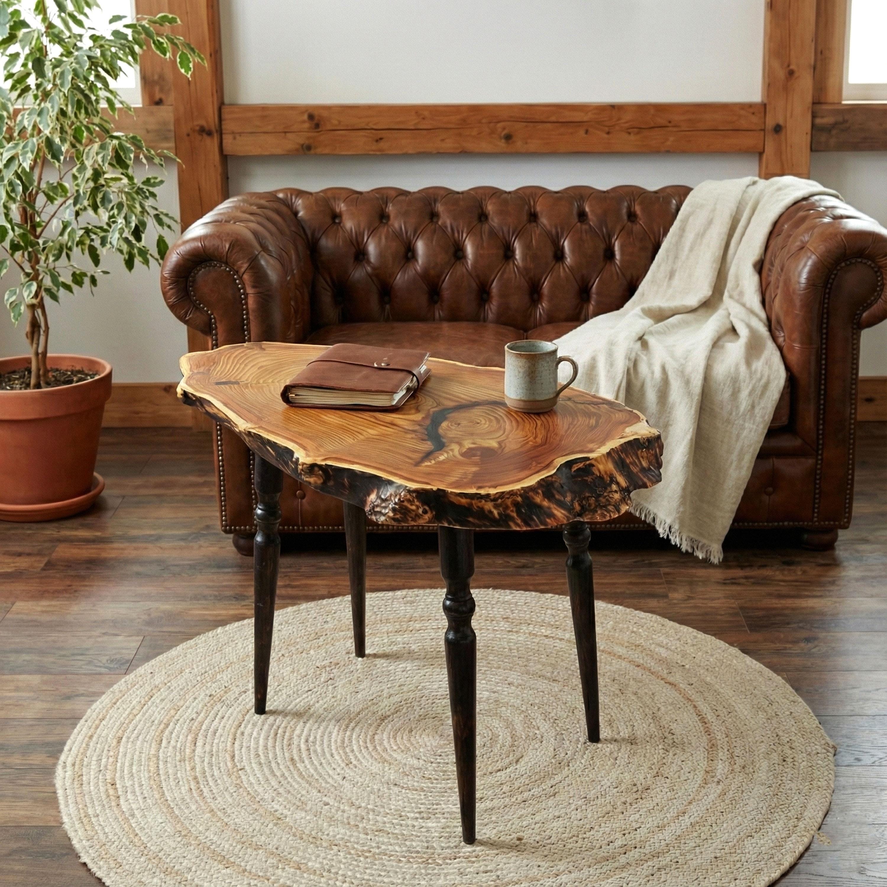 Live Edge Burl Wood Coffee Side Table; Rustic Turquoise Epoxy