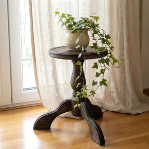 Può includere: Un portavaso in stile antico, marrone scuro, con piano rotondo e tre gambe curve. Un vaso color crema con edera verde è posto sul supporto. I viticci dell'edera scendono lungo i lati. Il supporto è posto davanti a una finestra con tende trasparenti.