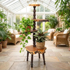 Hoher 4-Tier-Holzblumentopf für drinnen; Geschnitzte Display-Topflappen; Live Edge Blumenhocker aus Holz; Vertikales Regal mit mehreren Ebenen