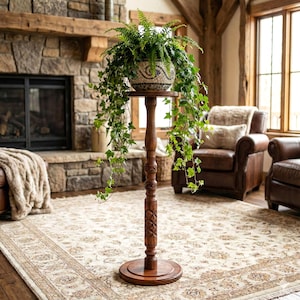 Großer 36-Zoll-Blumentopf aus geschnitztem Holz; Moderner rustikaler Blumentopfhalter; Holzsockel im Vintage-Stil