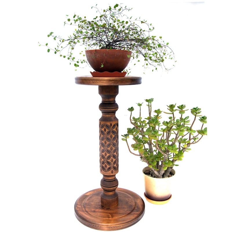 May include: A tall, dark brown wooden plant stand with a carved floral design on the central column. A terracotta pot with a trailing green plant sits on top. A potted jade plant is next to the stand.
