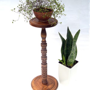 Tall carved wood plant stand indoor Mid century modern flower pot stand Large column planter base Wooden display Hand-carved pedestal table image 8