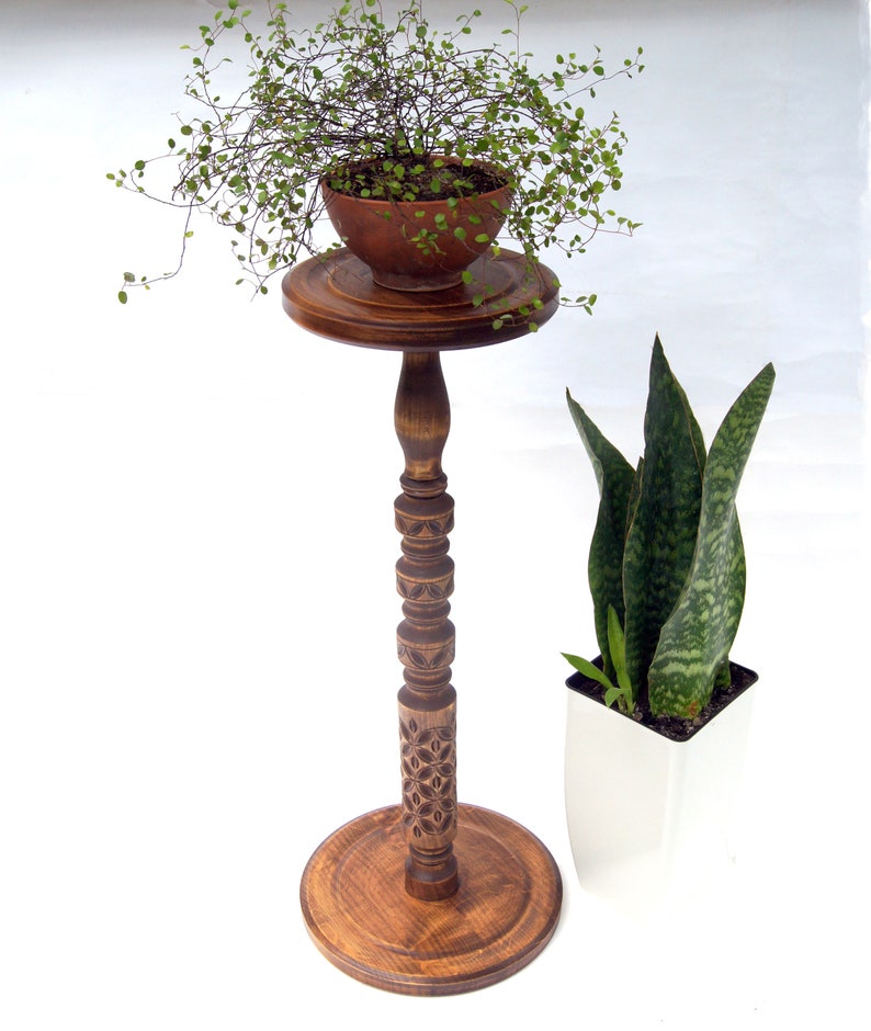 Tall carved wood plant stand indoor Mid century modern flower pot stand Large column planter base Wooden display Hand-carved pedestal table image 8