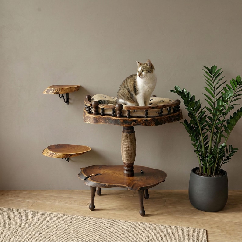 Op de afbeelding: Een kattenmeubel met meerdere niveaus gemaakt van natuurlijke houten schijven met boomranden. Het heeft een centrale paal omwikkeld met sisal, een bovenplatform met een decoratieve reling en kussen, en twee losse wandplanken van hout.