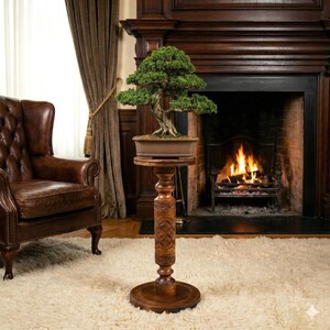 Rustic bohemian wooden pillar stands for indoor plants. A tiered set of two dark, ornately carved display pedestals styled in a sunlit cottagecore setting with stone walls, terracotta pots, and garden decor.