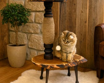 Massief houten en sisal krabpaal voor kat; Premium huisdiermeubilair; Houten kattenhoek; Krabpaal voor op de vloer; Zwaar uitgevoerde speeltuin