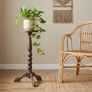 Tall Turned Oak Wood Plant Stand; 28" Wooden Pedestal Indoor; Rustic Tripod Fern Holder; Cottage Farmhouse Home Decor; Flower Pot Display