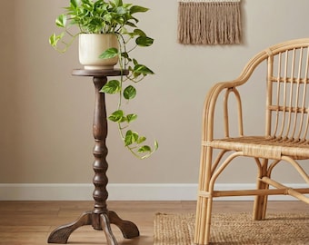 Tall Turned Oak Wood Plant Stand; 28" Wooden Pedestal Indoor; Rustic Tripod Fern Holder; Cottage Farmhouse Home Decor; Flower Pot Display