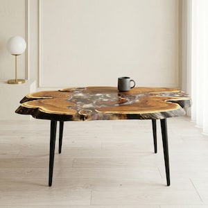 Large Wooden Coffee Table with Sea Stones and Clear Epoxy Resin; Live Edge Wild Olive Wood Side End Table; Tree Stump Burl Laptop Desk