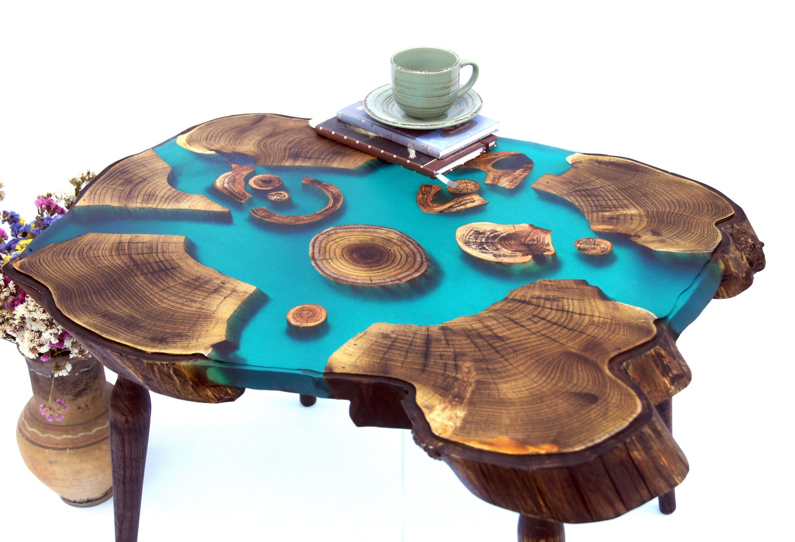 Large live edge wood slab coffee table Blue epoxy resin table Etsy