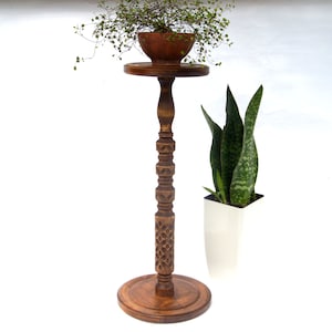 Tall carved wood plant stand indoor Mid century modern flower pot stand Large column planter base Wooden display Hand-carved pedestal table image 5
