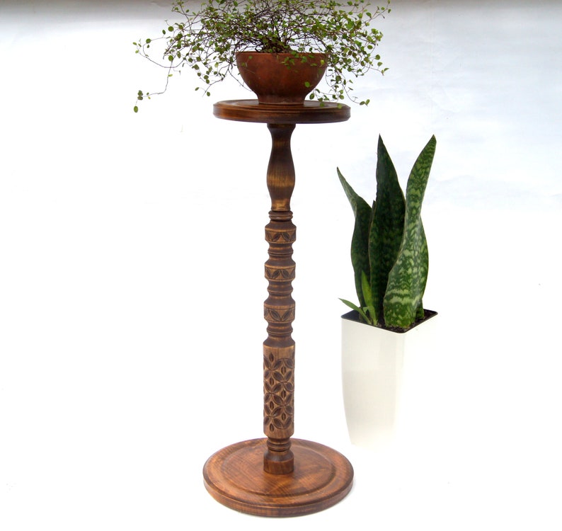 Tall carved wood plant stand indoor Mid century modern flower pot stand Large column planter base Wooden display Hand-carved pedestal table image 5