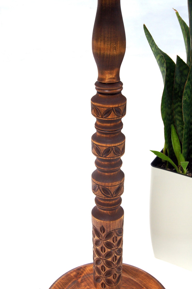 Tall carved wood plant stand indoor Mid century modern flower pot stand Large column planter base Wooden display Hand-carved pedestal table image 6