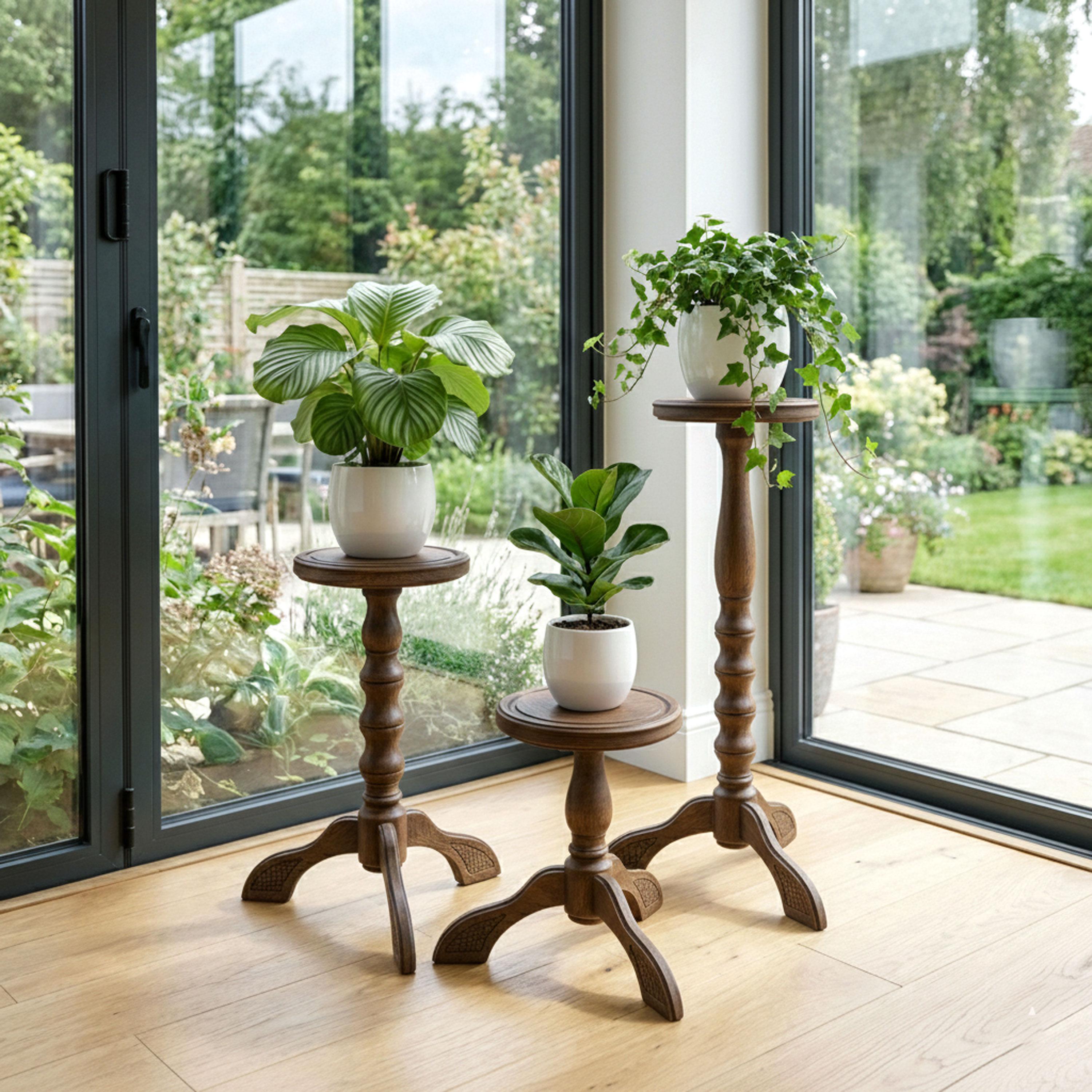 Set of 3 Wooden Plant Stands Indoor; Rustic Flower Pot Holder