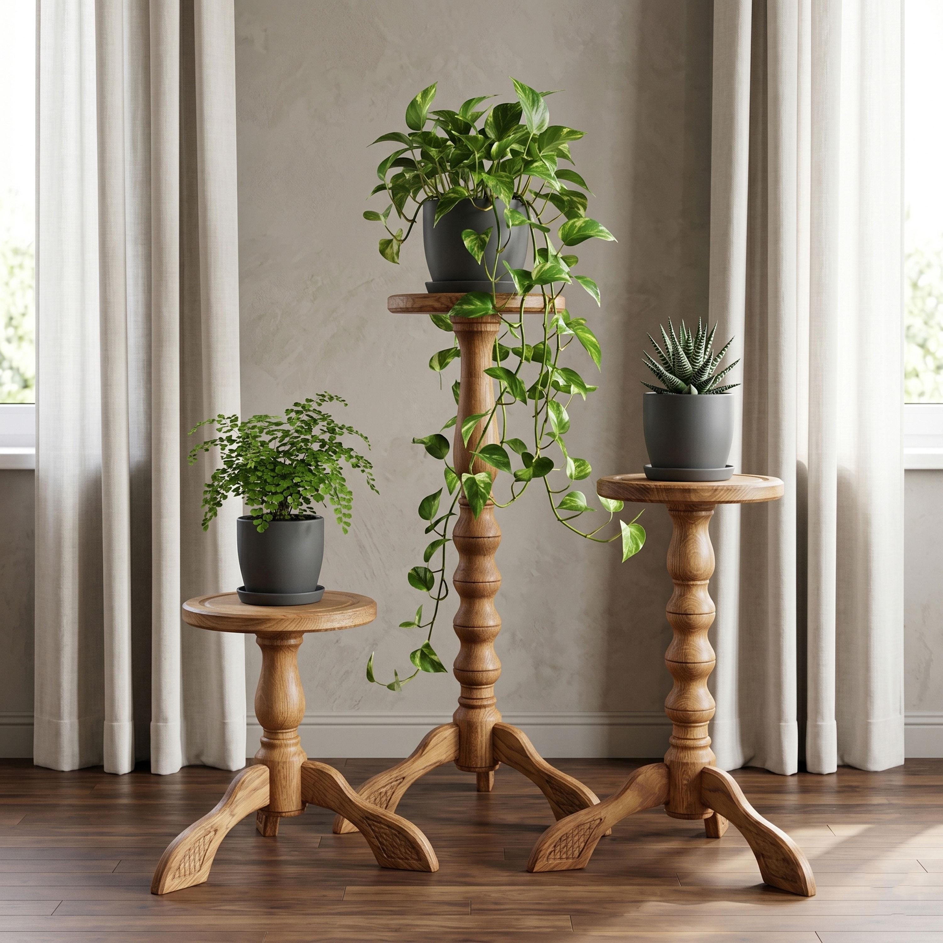 Set 3 Wooden Plant Stands Tall Hardwood Display Stool Pedestal