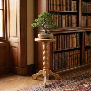 Tall Oak Wood Plant Stand; Wooden Pedestal Planter; Handcrafted Pot Holder; Modern Classic Three-Legged Display