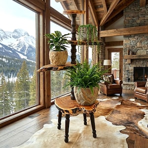 Może przedstawiać: Trzypoziomowy drewniany stojak na rośliny z żywymi roślinami w donicach o fakturze kamienia. Stojak znajduje się w rustykalnym salonie z dywanem ze skóry krowy, kamiennym kominkiem i dużym oknem z widokiem na góry.
