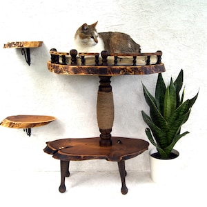 Op de afbeelding: Een kattenmeubel met meerdere niveaus gemaakt van natuurlijke houten platen met boomkanten. De structuur heeft een centrale paal omwikkeld met sisaltouw, een bovenste platform met een decoratieve spijlenreling en twee kleinere wandplanken.