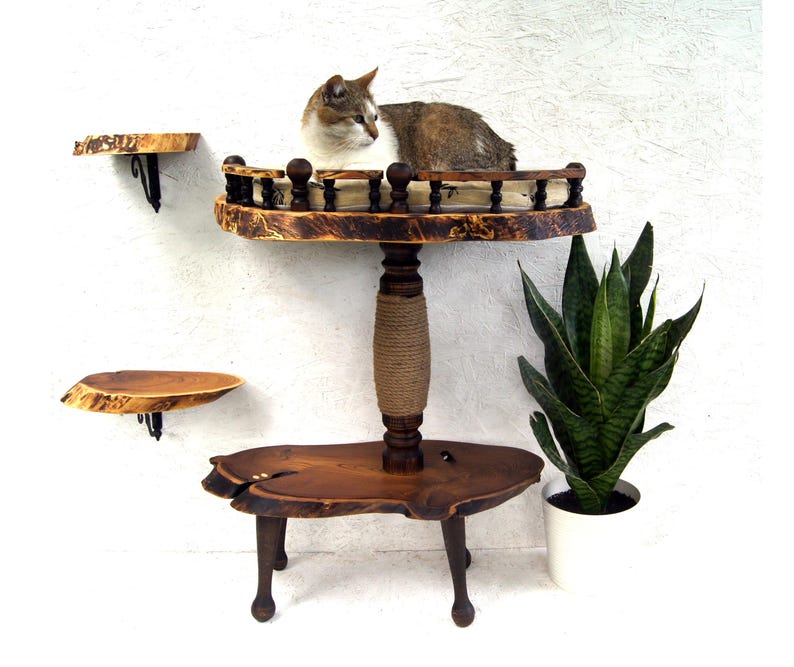 Op de afbeelding: Een kattenmeubel met meerdere niveaus gemaakt van natuurlijke houten platen met boomkanten. De structuur heeft een centrale paal omwikkeld met sisaltouw, een bovenste platform met een decoratieve spijlenreling en twee kleinere wandplanken.