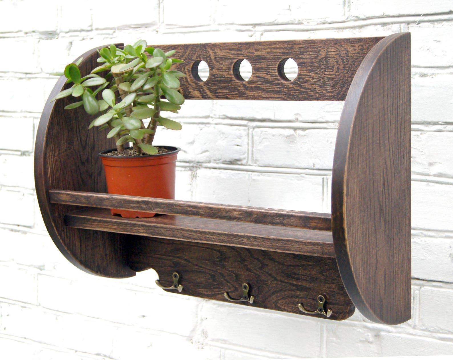 Solid Oak Wood Wall Hanging Shelf With Hooks Hardwood Book Etsy