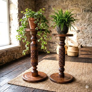 May include: Two dark brown wooden plant stands with carved details. One stand holds a terracotta pot with trailing ivy, the other a dark gray pot with a fern. The stands are on a jute rug, against a stone wall.
