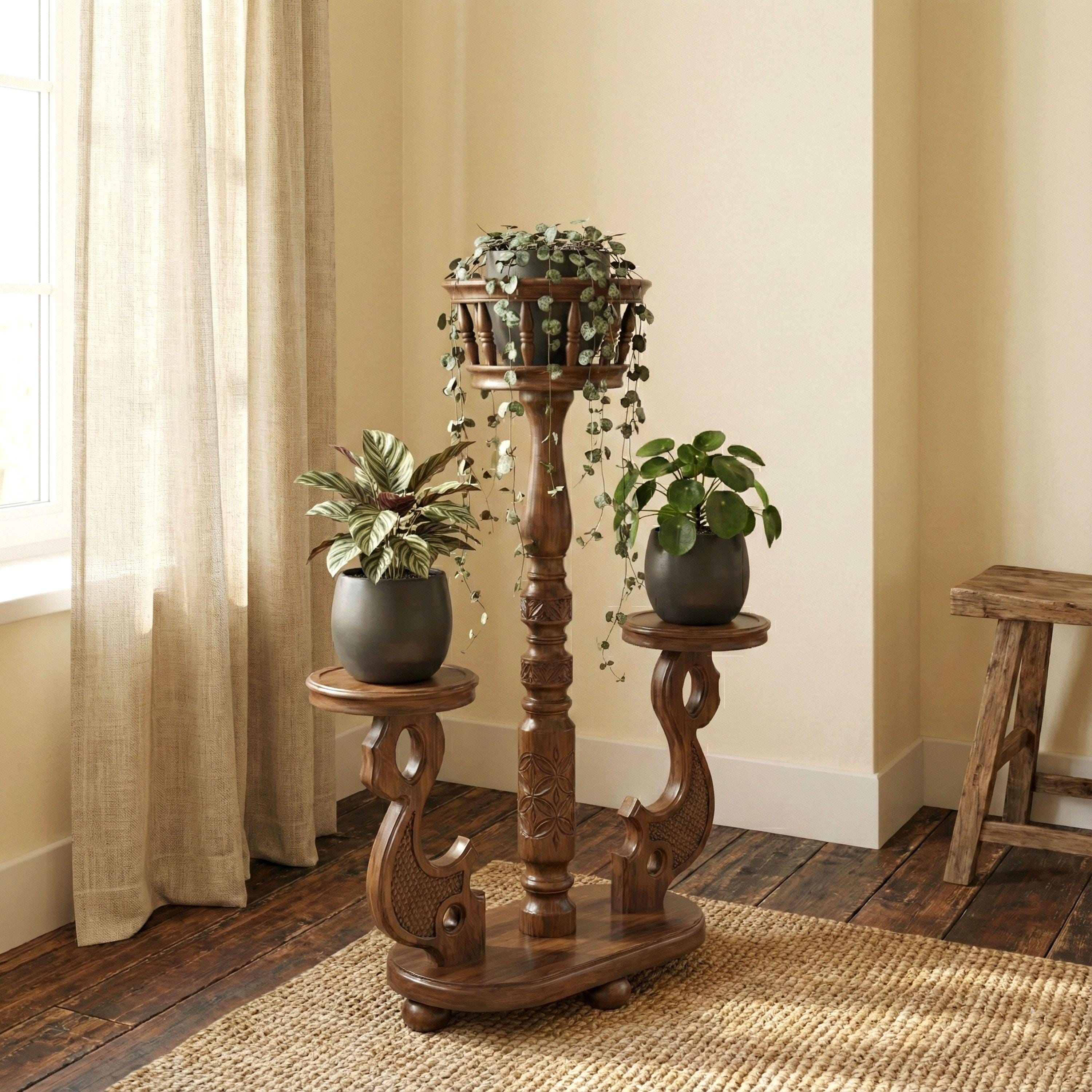 Solid Carved Wood Plant Pot Stand Indoor; 3 Tier 34
