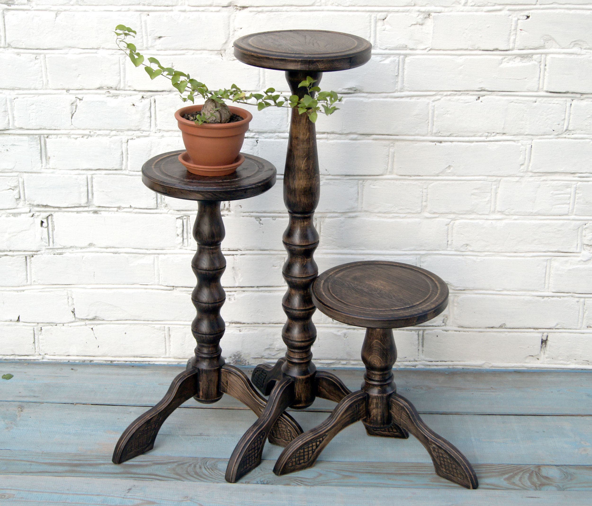 Set 3 wooden plant stands indoor Pedestal planter stand Oak Etsy