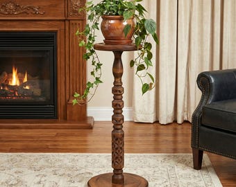 Tall carved wood plant stand indoor Mid century modern flower pot stand Large column planter base Wooden display Hand-carved pedestal table
