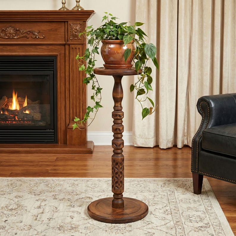 Tall carved wood plant stand indoor Mid century modern flower pot stand Large column planter base Wooden display Hand-carved pedestal table image 1