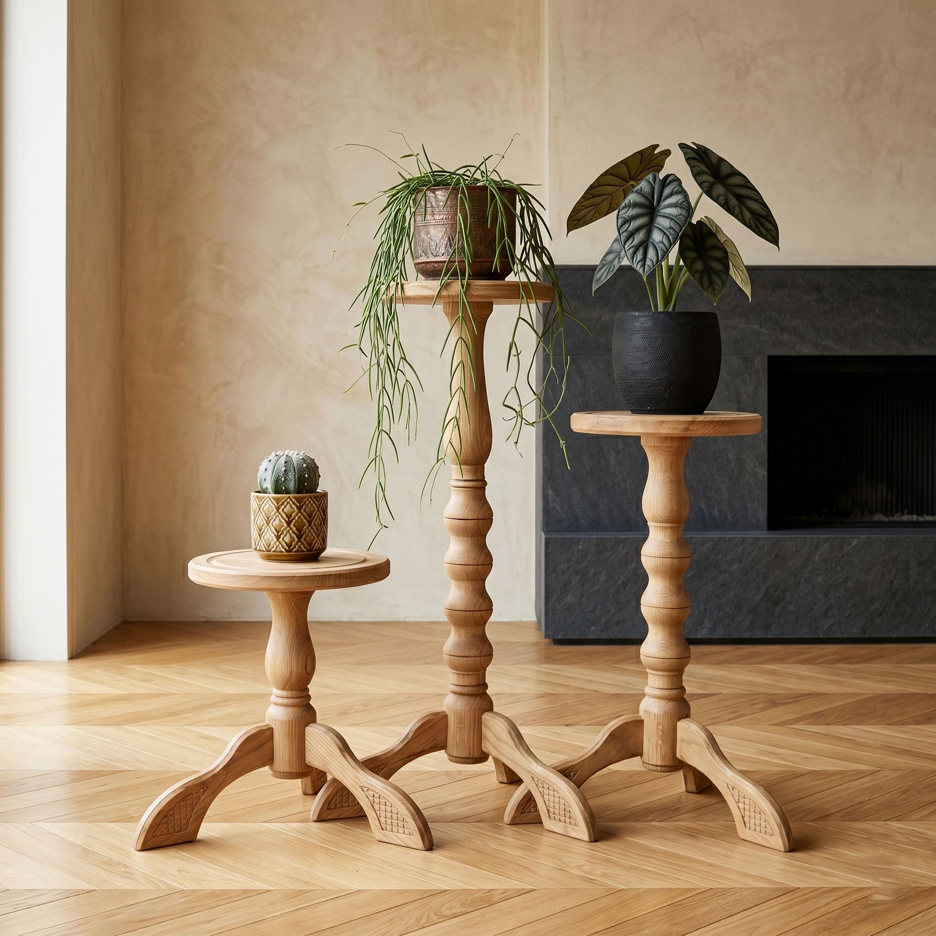 Set 3 Wooden Plant Stands Tall Hardwood Display Stool Pedestal
