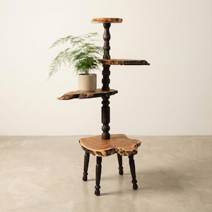 Tall 4-Tier Wooden Planter Stand Indoor 55"; Handcrafted Display Pot Holder; Live Edge Wood Slab Plant Stand; Multi Level Vertical Garden