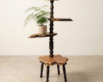 Soporte alto de madera de 4 niveles para macetas de interior de 140 cm; Soporte para macetas de exhibición hecho a mano; Soporte para plantas de losa de madera con borde natural; Jardín vertical multinivel