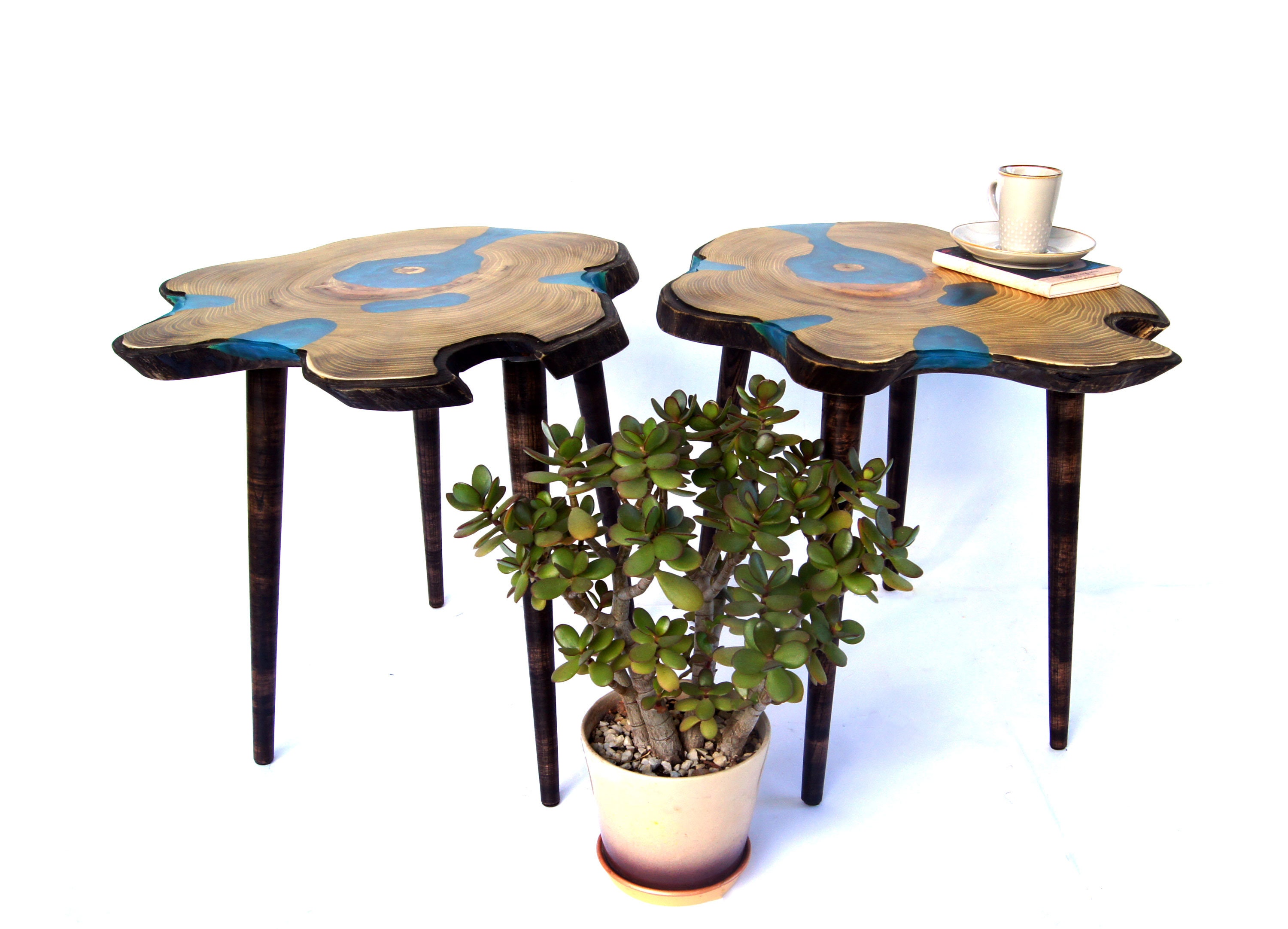 Set de 2 mesas de centro de madera de borde vivo Mesas | Etsy